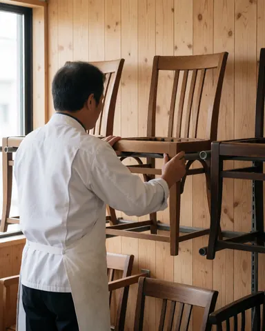 A man inspects a wooden chair in a workshop with wooden walls and natural light.