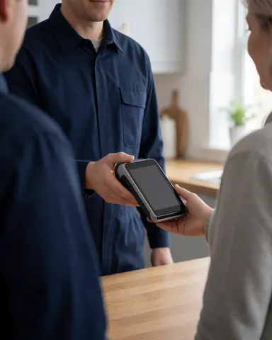 A technician processes a payment using a mobile terminal while standing in a kitchen during a service call.
