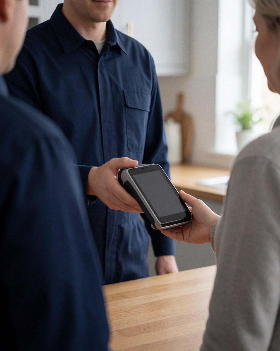 A technician processes a payment using a mobile terminal while standing in a kitchen during a service call.