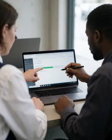 A technician and client inspecting a laptop screen during an electronics repair service in a workshop with concrete walls.