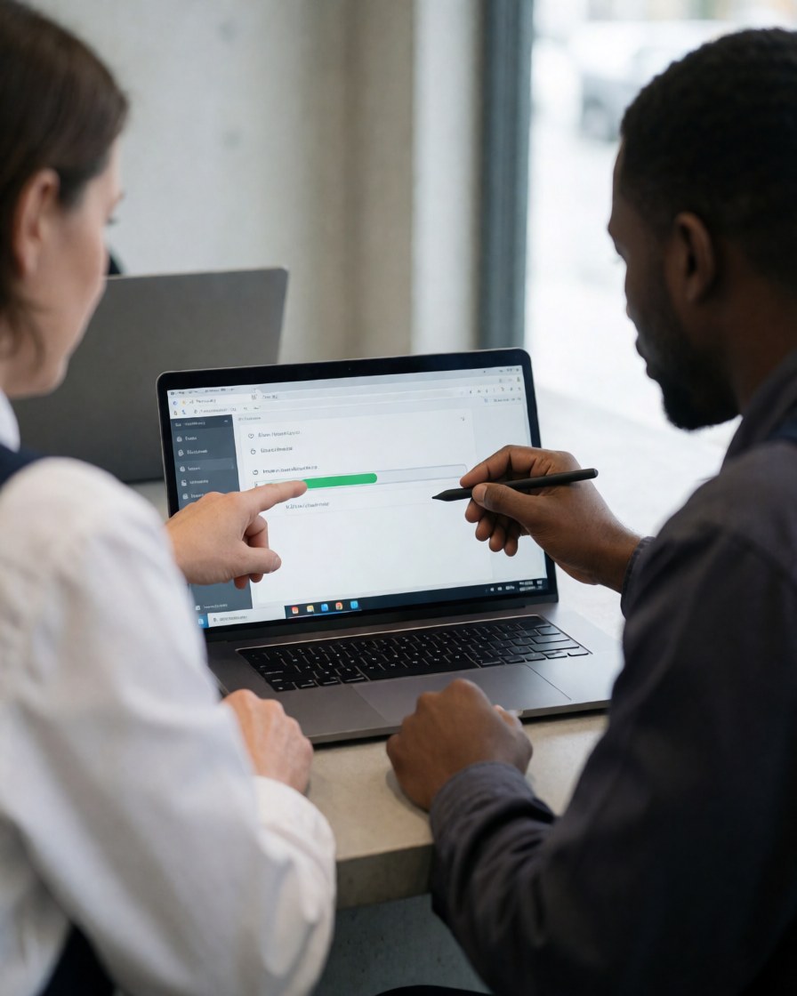 A technician and client inspecting a laptop screen during an electronics repair service in a workshop with concrete walls.