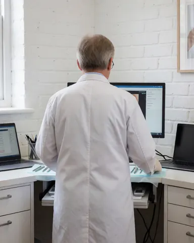Medical professional in white coat and gloves examines skin analysis on a monitor with instruments on a white table against a white brick wall.
