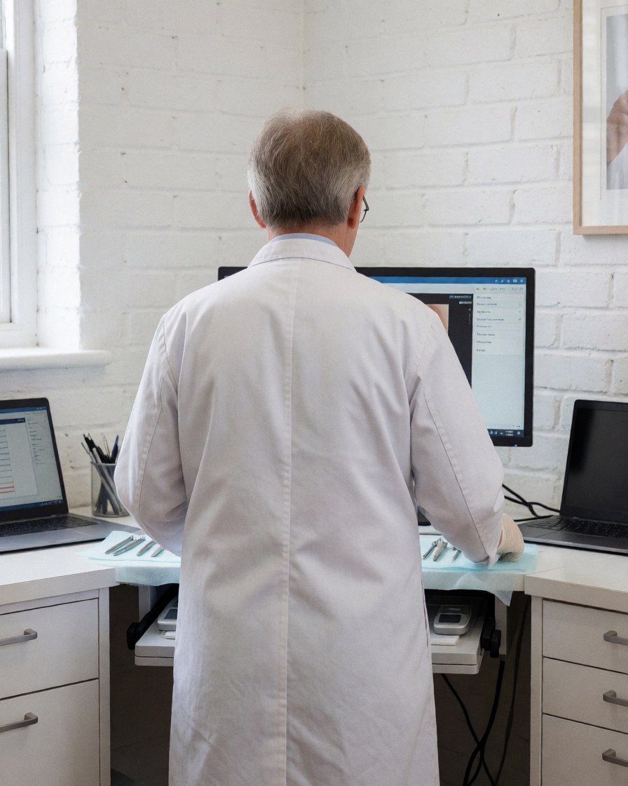 Medical professional in white coat and gloves examines skin analysis on a monitor with instruments on a white table against a white brick wall.