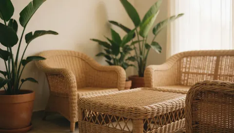 Interior of a rattan cabana featuring green potted plants in terracotta pots and soft lighting, ideal as a background for commercial text.