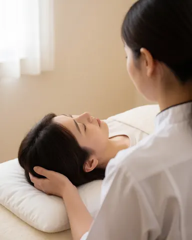 A shiatsu therapist supports a client's head on a white pillow during a relaxation treatment in a softly lit room.