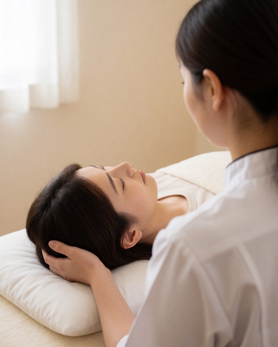 A shiatsu therapist supports a client's head on a white pillow during a relaxation treatment in a softly lit room.