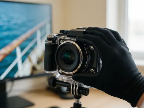 Close-up of a hand wearing a black glove adjusting the dial on a waterproof camera housing with water reflections on the lens