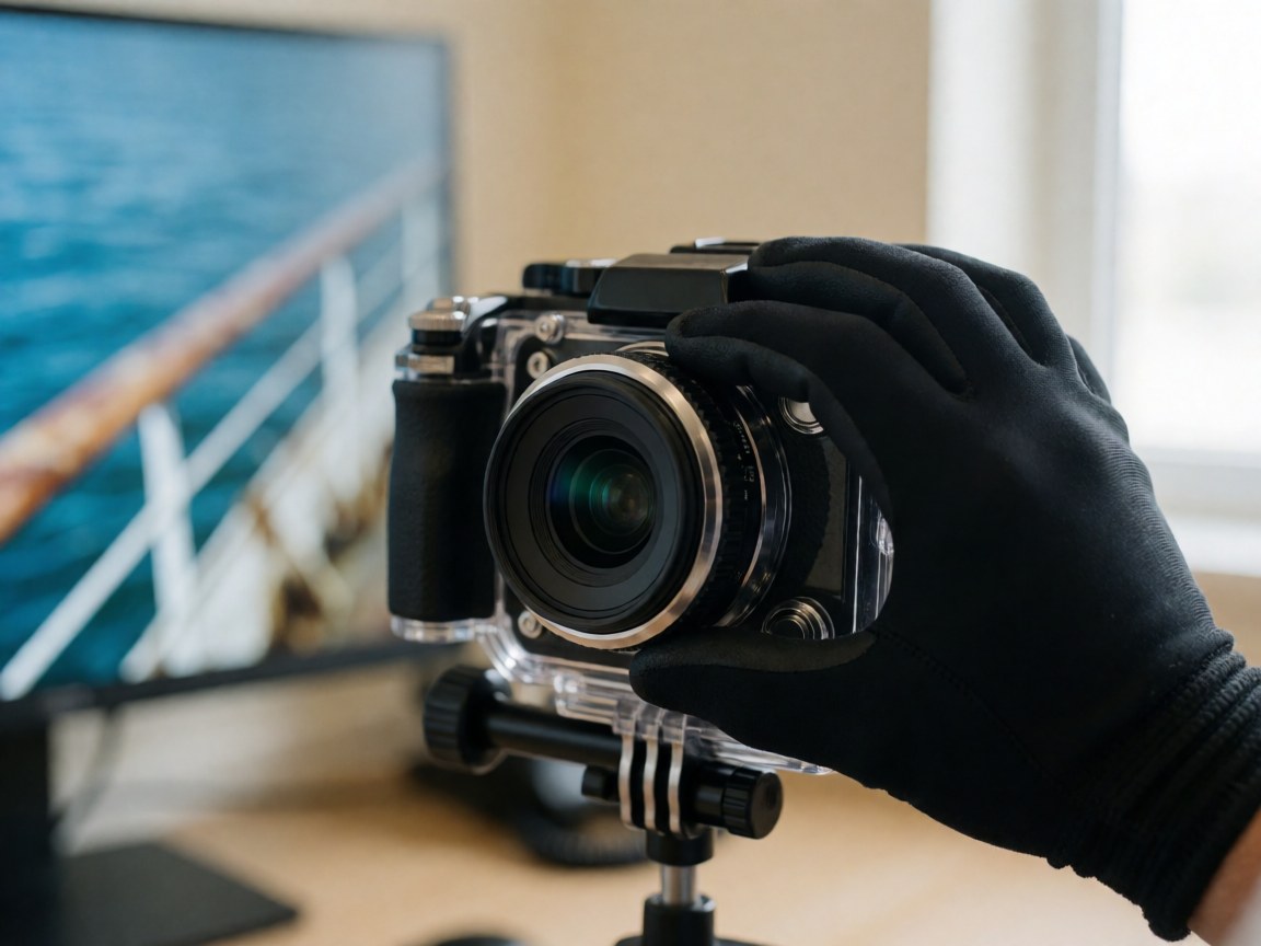 Close-up of a hand wearing a black glove adjusting the dial on a waterproof camera housing with water reflections on the lens