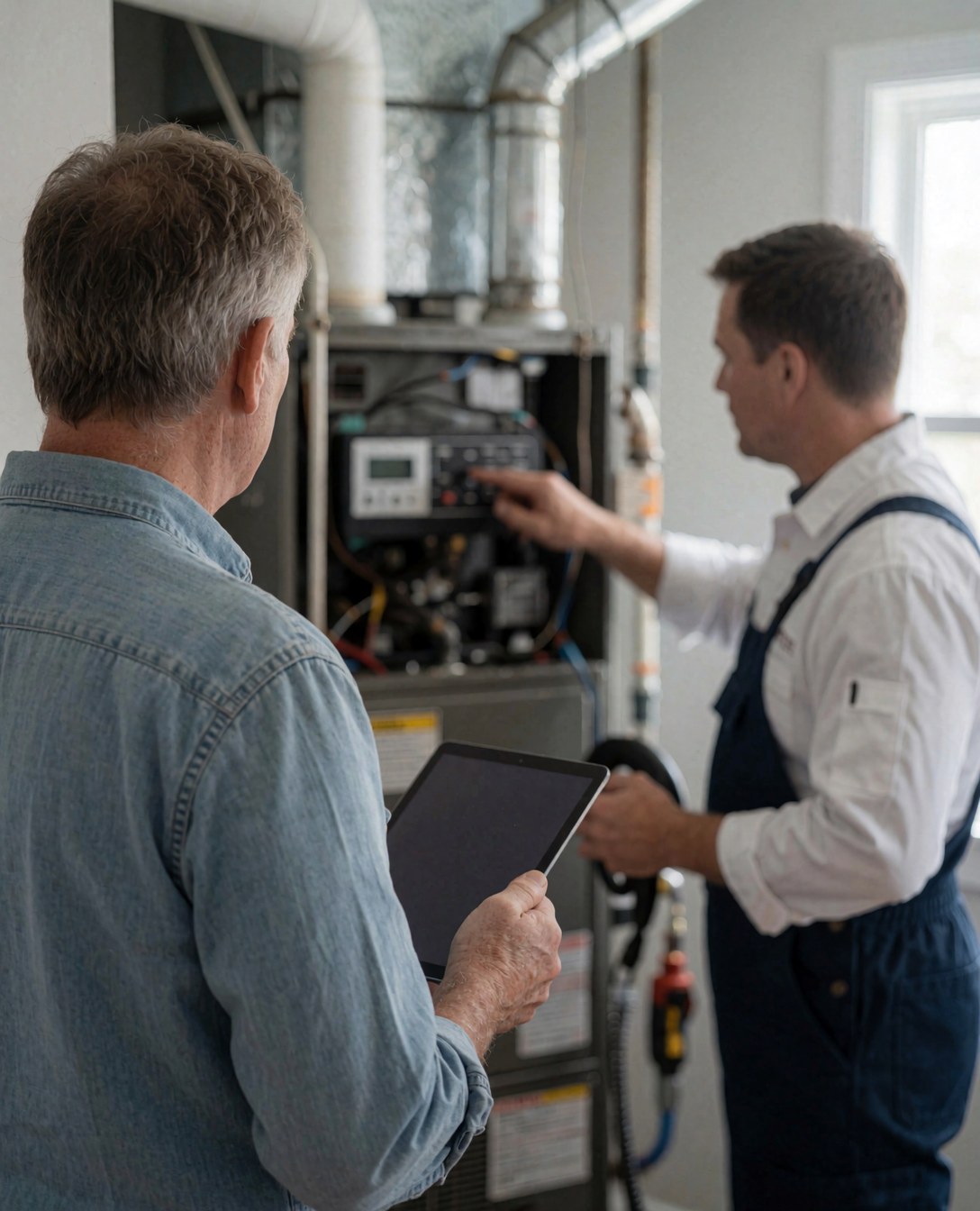 Heating repair technician pointing to a control panel while holding a tablet during a service call.