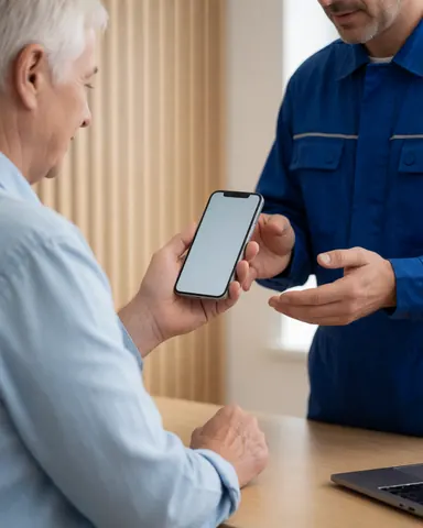 Technician in blue uniform hands a repaired smartphone with a clear screen to a customer in a workshop with light wood walls and a work table.