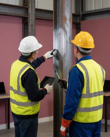 Two engineers wearing hard hats and safety vests inspecting a metal framework inside an industrial facility with pink walls