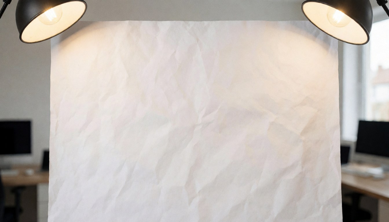 Studio background of crumpled white paper illuminated by warm lights, ideal for placing products or commercial text overlays.