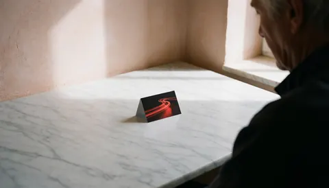 Business card illuminated by red light on a white marble table with a terracotta plaster wall and natural light