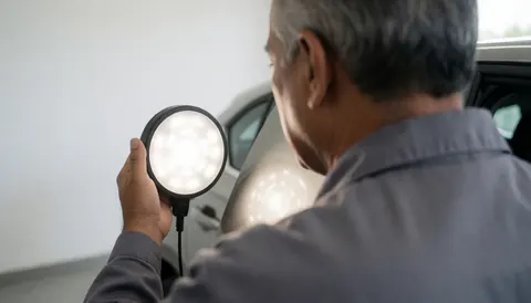 Technician inspecting a car door using a circular LED light in a professional auto body shop with white walls.