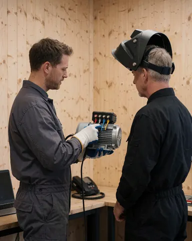 Technician displays an electric motor to a customer in a workshop with wooden walls and tools visible