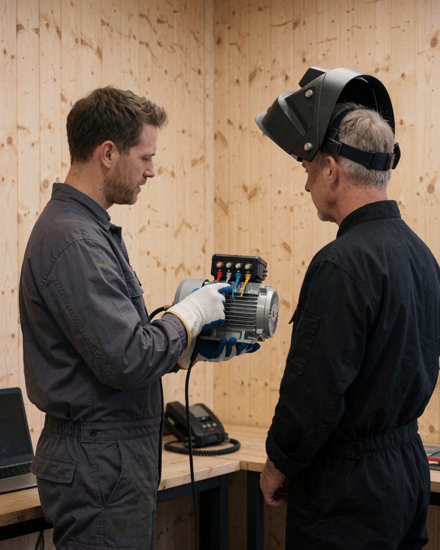 Technician displays an electric motor to a customer in a workshop with wooden walls and tools visible