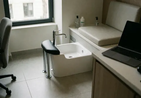 White foot bath with chrome faucet, cushioned bench, product bottles, and natural light in a manicure and pedicure salon.