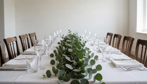 Long banquet table set with white tablecloth, crystal glasses, and a central eucalyptus centerpiece for formal events