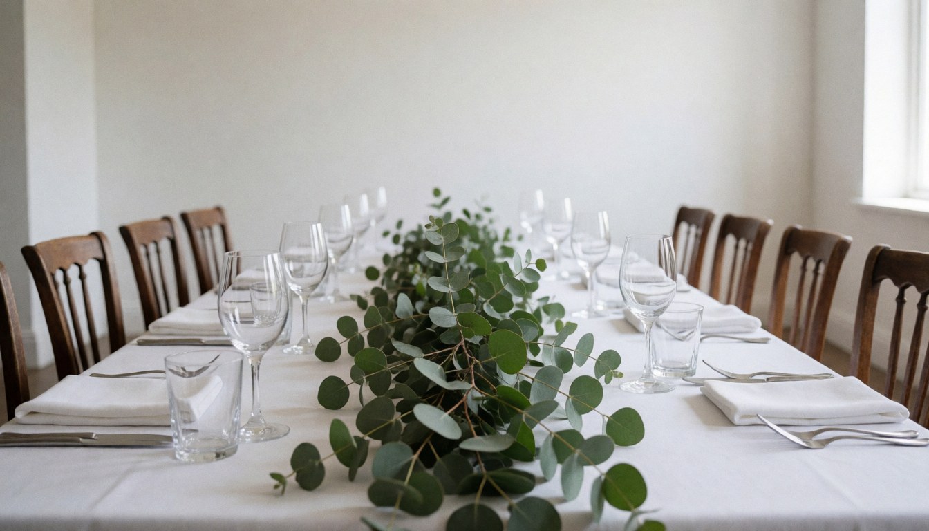 Long banquet table set with white tablecloth, crystal glasses, and a central eucalyptus centerpiece for formal events