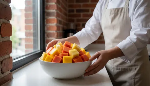Fresh fruit in a white bowl on a modern kitchen counter with exposed brick wall and natural light from a window
