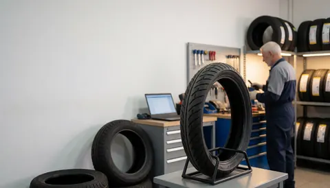 Close-up of a motorcycle tire with a narrow tread pattern displayed on a stand, with a mechanic working on another tire in the background of a tire shop.