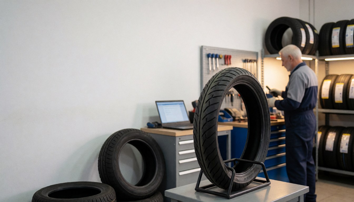 Close-up of a motorcycle tire with a narrow tread pattern displayed on a stand, with a mechanic working on another tire in the background of a tire shop.