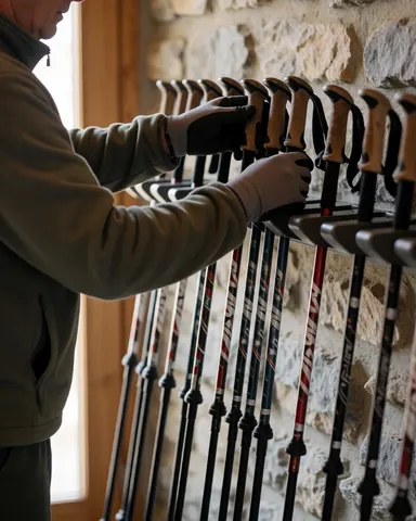 Staff members organizing trekking poles inside a stone-walled mountain hut while wearing gloves and work attire.