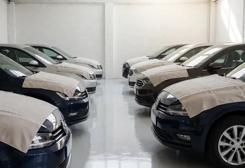 Several new cars with towels on their roofs parked inside a car wash facility featuring glossy epoxy floors and white brick walls