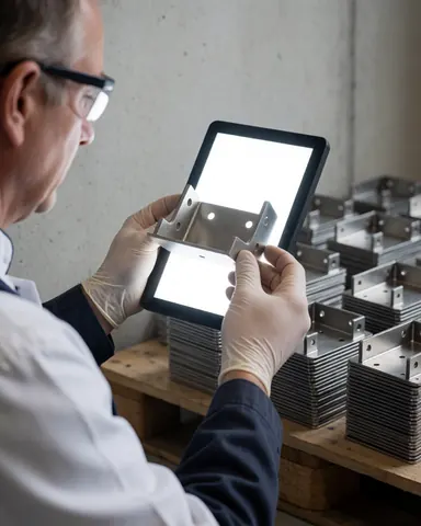Technician wearing gloves and safety glasses inspects a metal bracket with bright light in a metal stamping workshop.