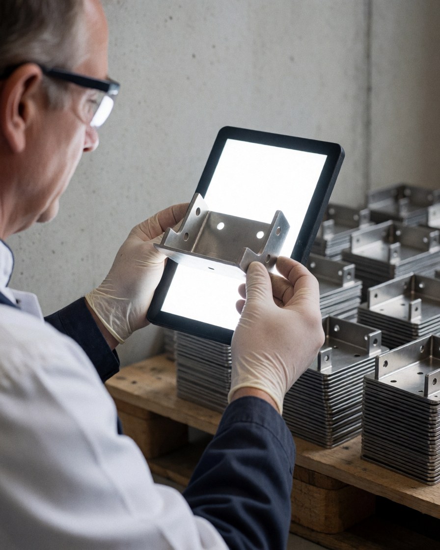 Technician wearing gloves and safety glasses inspects a metal bracket with bright light in a metal stamping workshop.