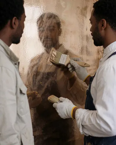 A painter wearing gloves applies metallic paint to a glossy wall while a client observes the reflective surface.
