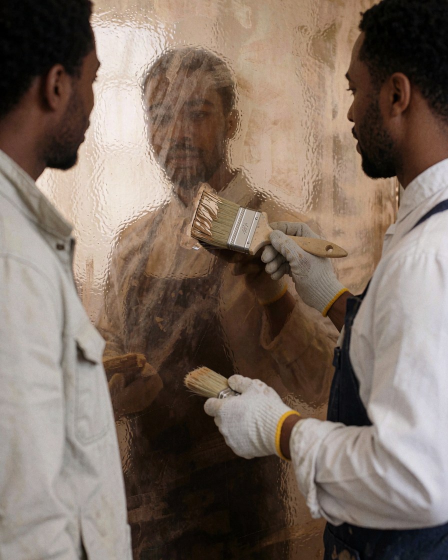 A painter wearing gloves applies metallic paint to a glossy wall while a client observes the reflective surface.