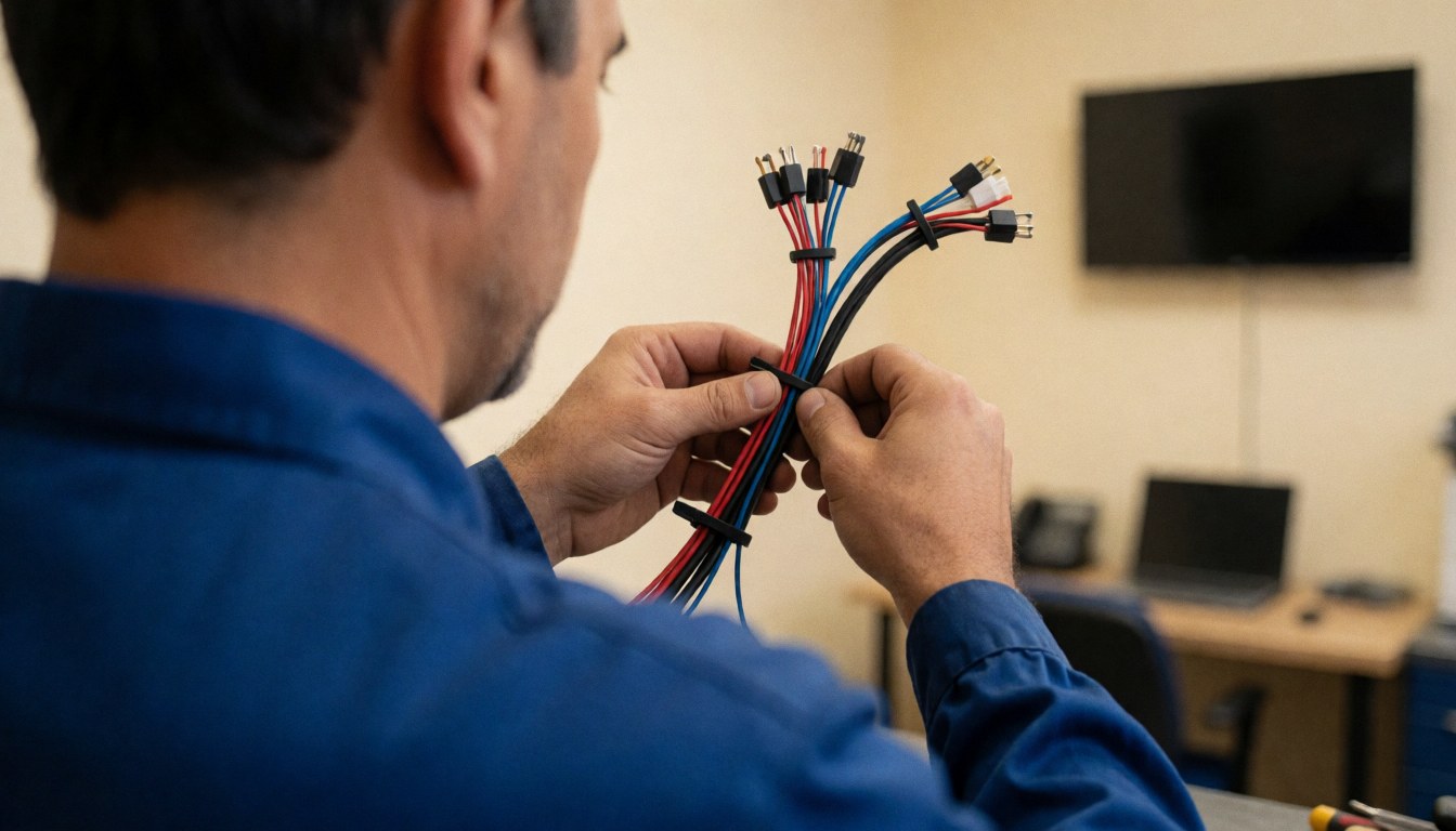 Technician organizing red and blue cables with zip ties in a workshop with beige walls and warm lighting