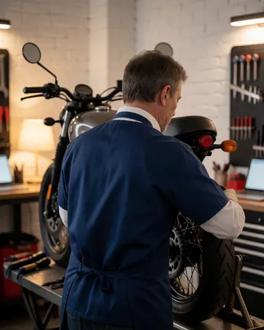 Mechanic working on a motorcycle chain elevated on a stand with white brick walls and a tool rack visible