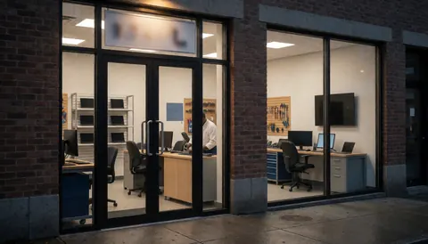 Technician working on a computer inside a repair shop with laptops on shelves and tools on the wall, viewed from the entrance.