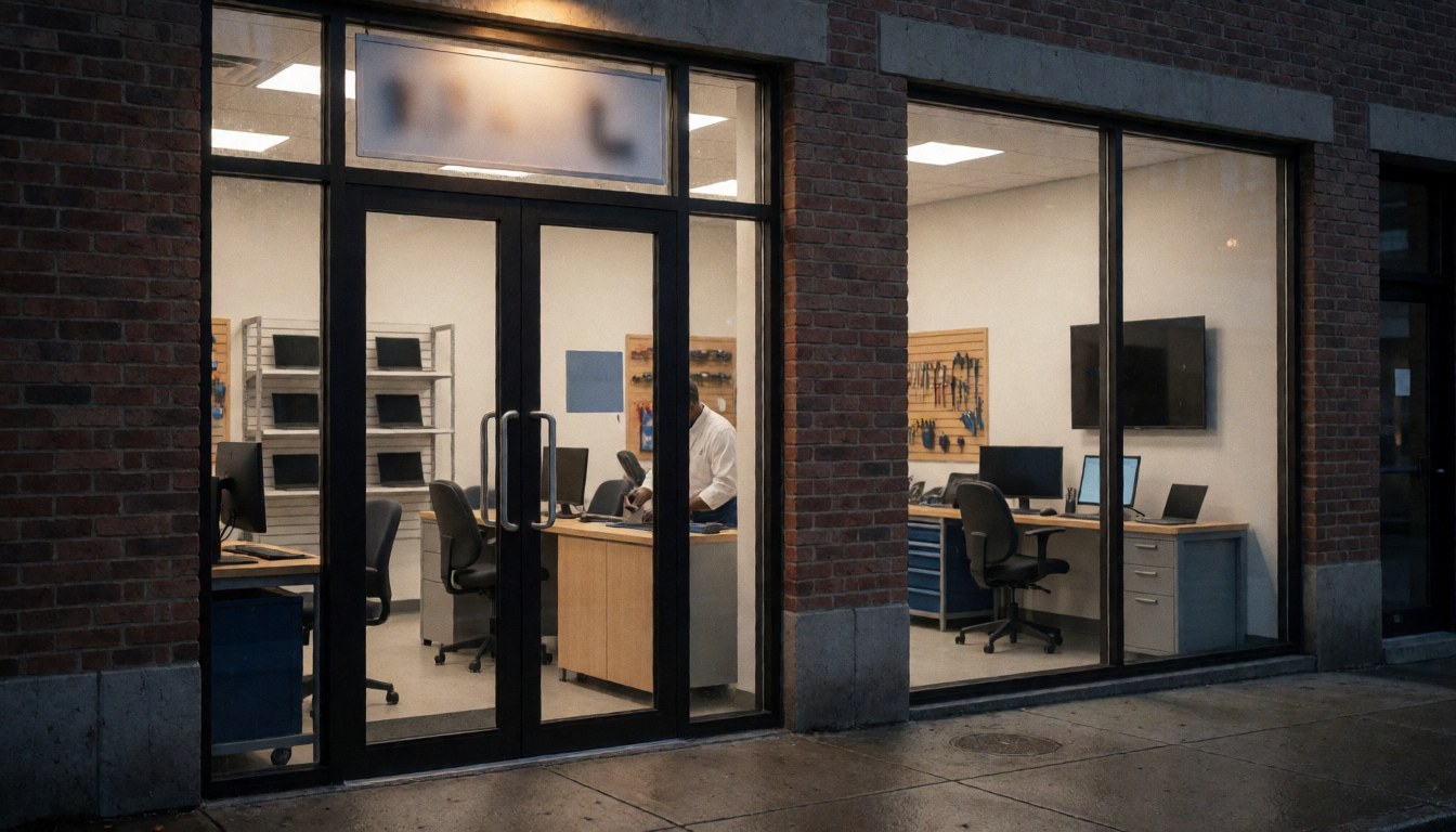 Technician working on a computer inside a repair shop with laptops on shelves and tools on the wall, viewed from the entrance.