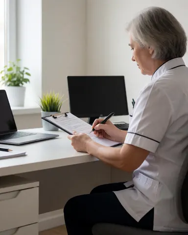 Therapist writing on clipboard with laptop and plant on desk, professional and clean environment