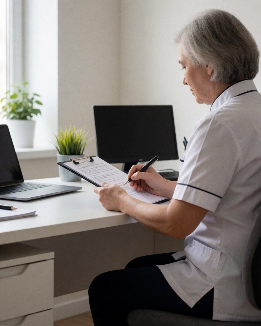 Therapist writing on clipboard with laptop and plant on desk, professional and clean environment