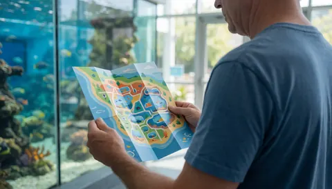 Adult viewing an aquarium map with visible tanks and corals through large glass windows