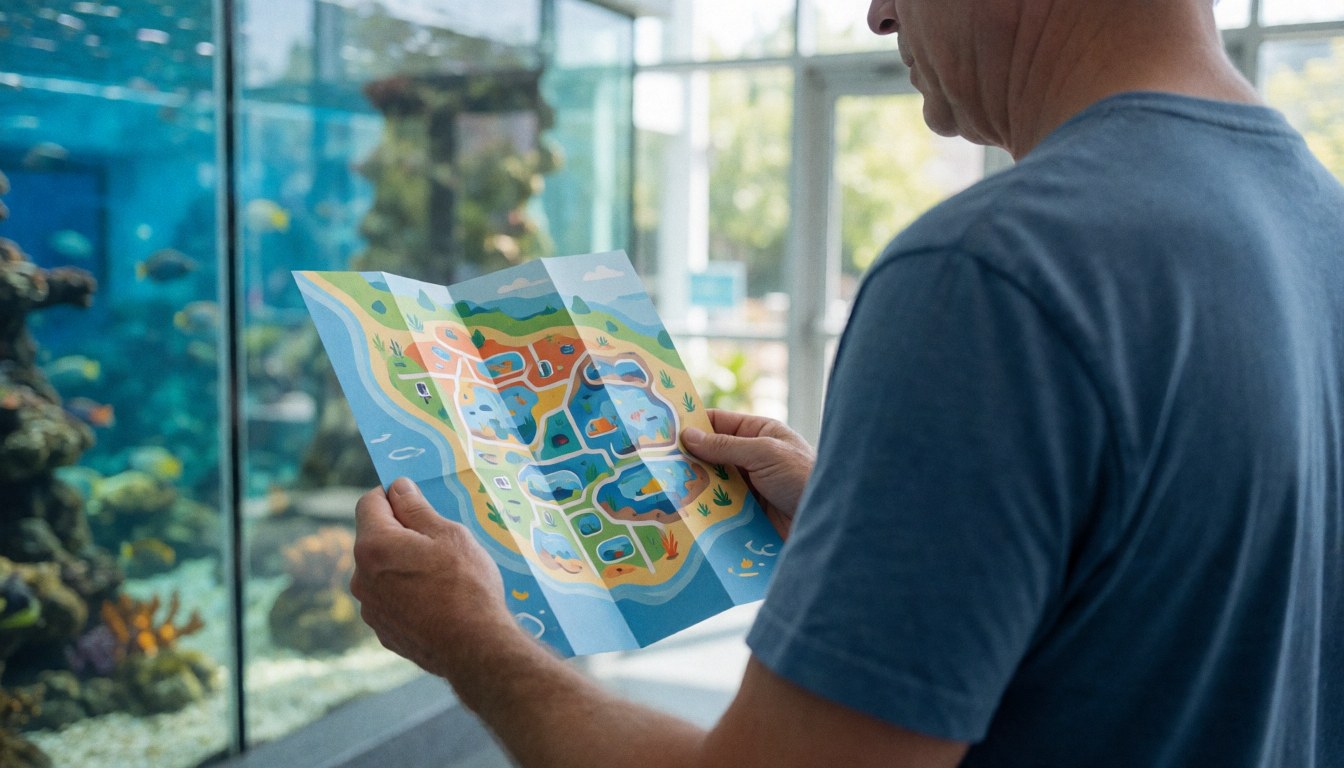Adult viewing an aquarium map with visible tanks and corals through large glass windows