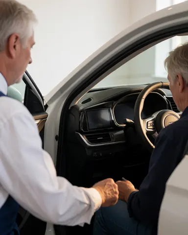 Professional installer mounting equipment inside a clean, well-lit car while the customer observes the service process