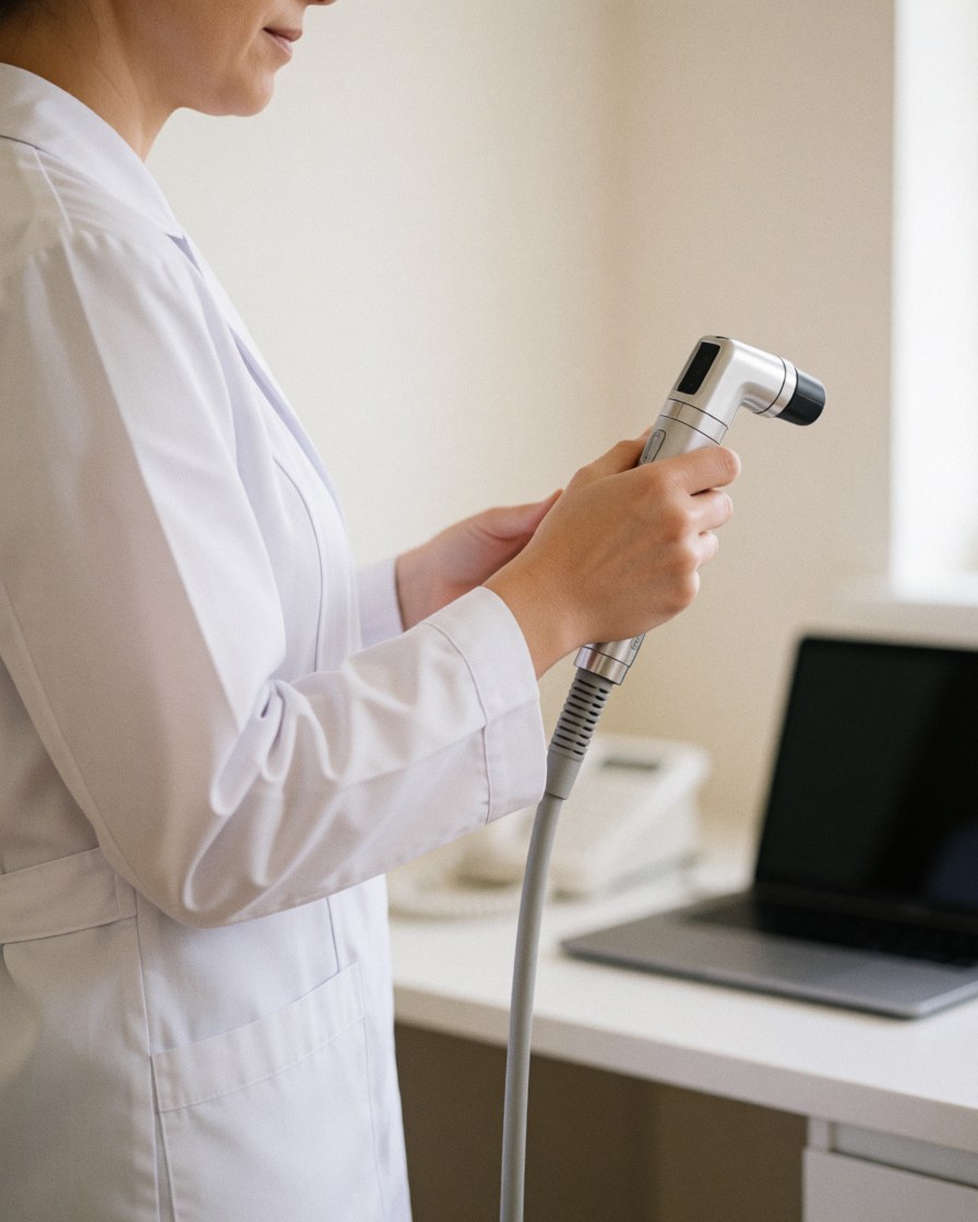 Professional using laser hair removal device in a modern clinic setting for beauty and health services