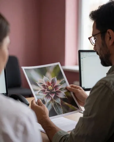 Editor with glasses checks a macro flower print while working on a laptop in an office with a pink wall.