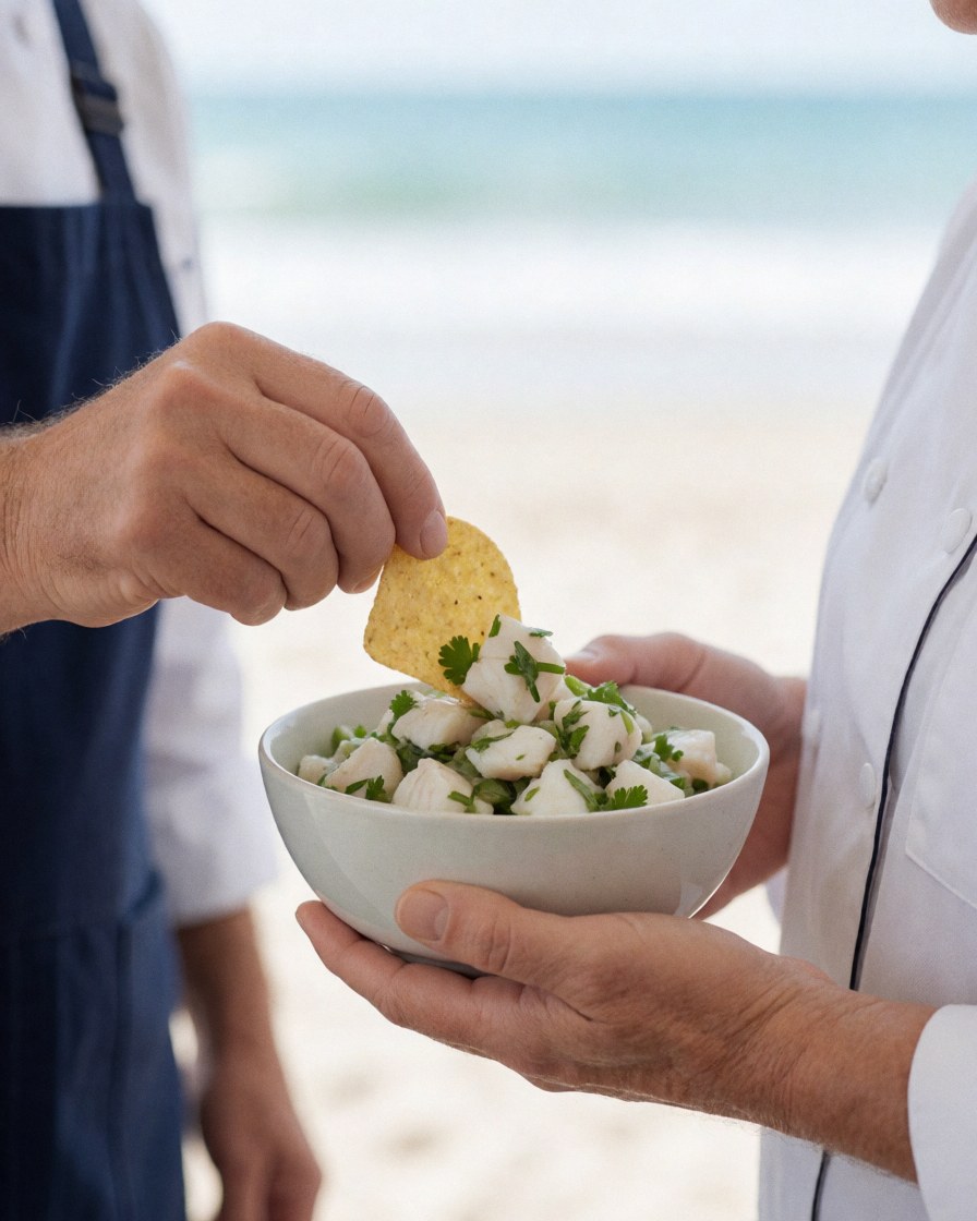 A happy customer enjoying white fish ceviche with cilantro and lime served by restaurant staff on the beach
