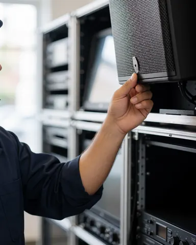A technician adjusts the angle of a mounted speaker with professional sound equipment visible in the background of a stage setting.