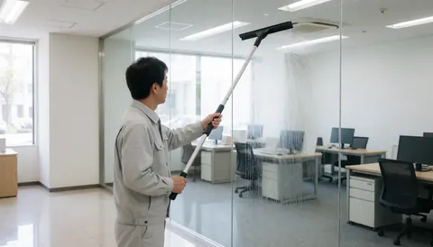 Professional worker in gray uniform cleaning a large glass panel in a modern office with a long squeegee, visible reflections and space for text on the left.