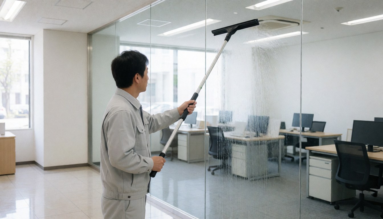 Professional worker in gray uniform cleaning a large glass panel in a modern office with a long squeegee, visible reflections and space for text on the left.
