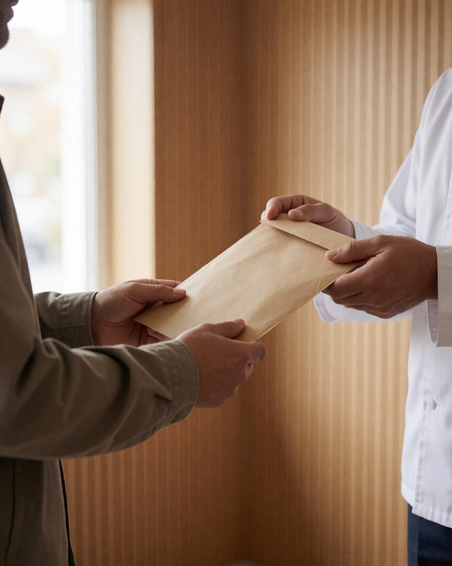 Close-up of hands holding a brown envelope in a professional office with wooden walls and natural light.