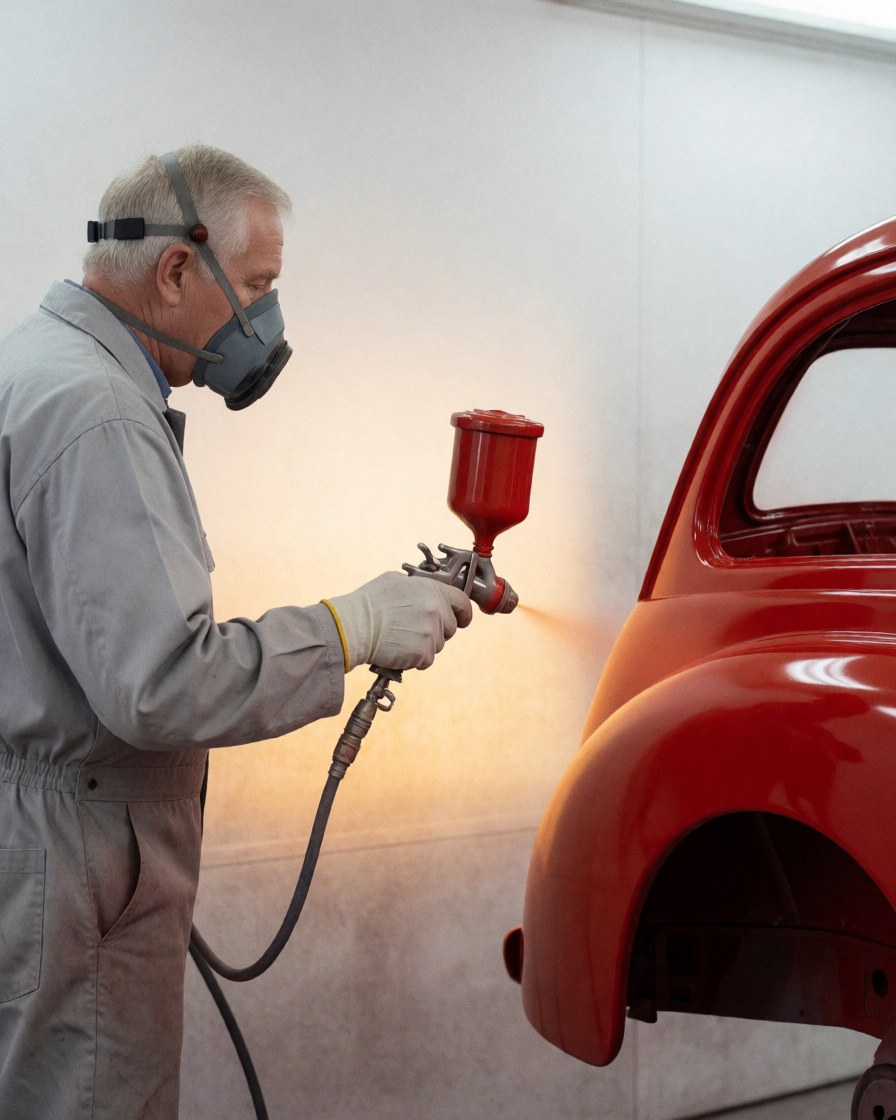 Technician wearing mask and gloves applying bright red paint to a car fender inside a professional spray booth
