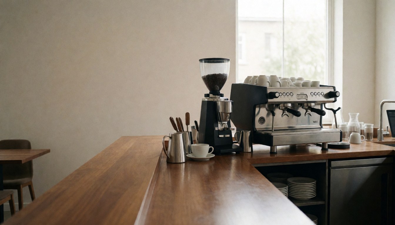 Modern coffee shop counter with espresso machine, grinder, and white cups illuminated by soft morning light